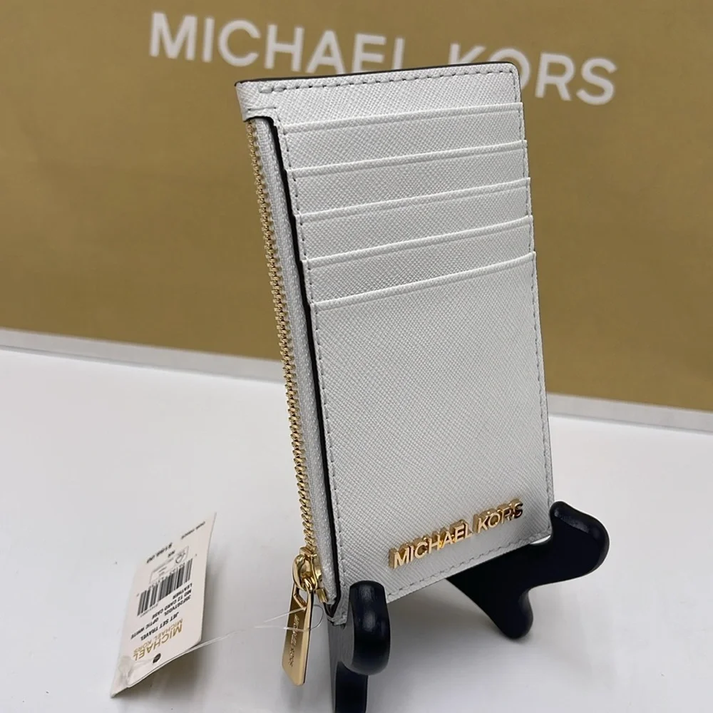 Michael Kors Jet Set Travel Medium Leather Zip Around Card Case Optic White NWT